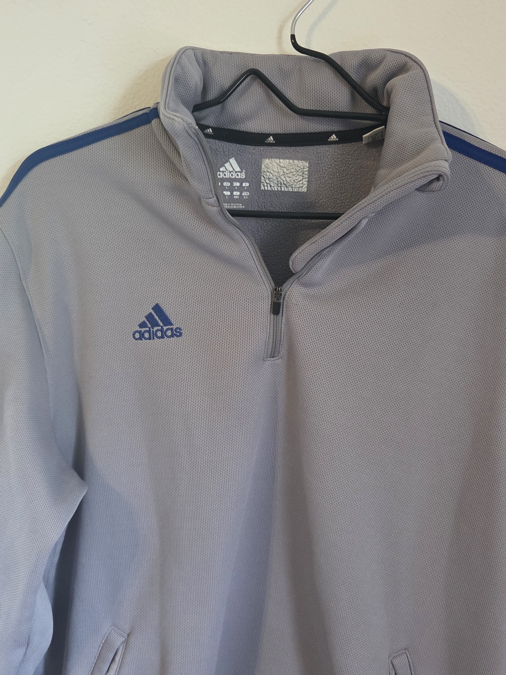 Adidas Mens L Gray Blue 3 Stripe 1/4 Zip Pullover Jacket Athletic Sweatshirt